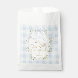 Sacolinha Um Ganso Bobo Azul Gingham Menino 1º Aniversário