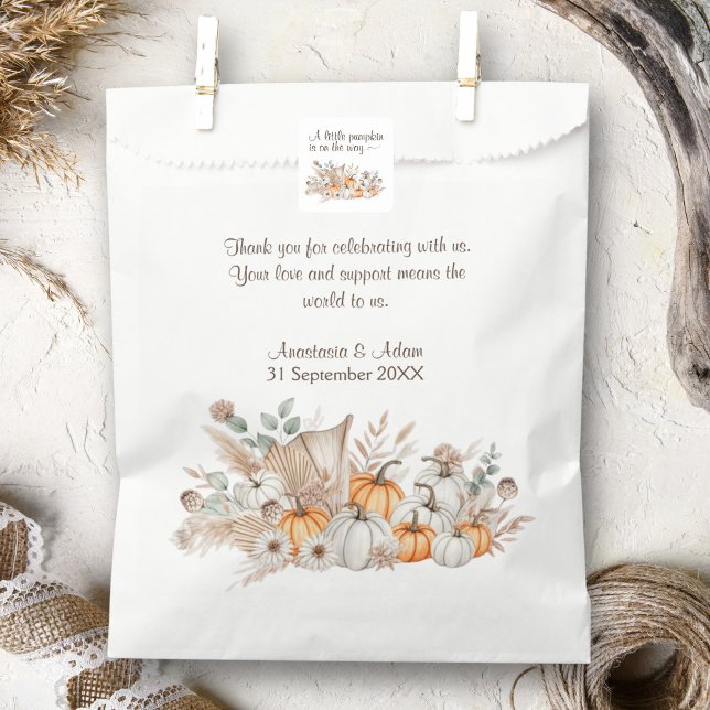 Sacolinha Um Pequeno Chá de fraldas Pumpkin Boho (A Little Pumpkin Is On The Way Baby Shower Thank You Bag and Sticker)