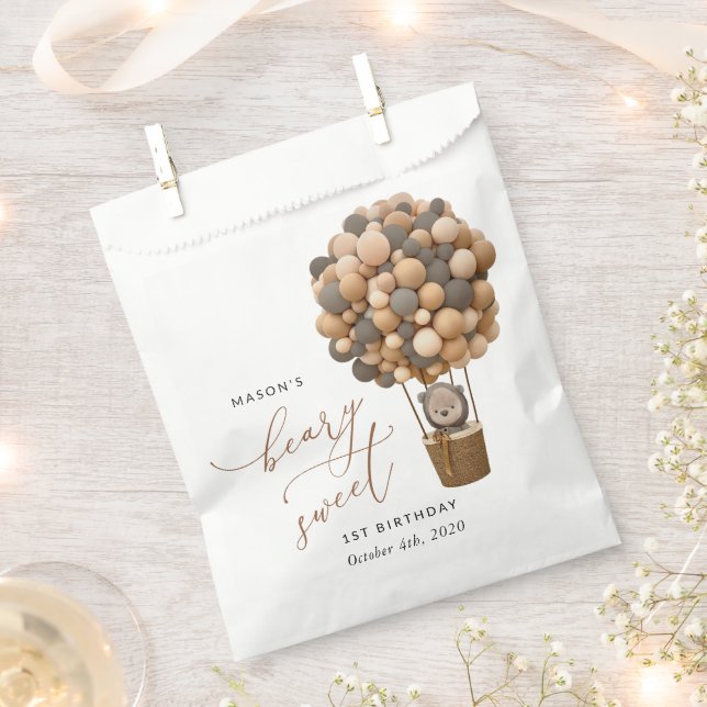 Sacolinha Urso Bastante, Balões Marrons, Primeiro Aniversári (Cortado)