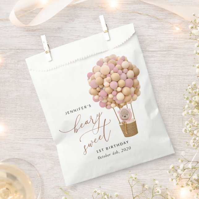 Sacolinha Urso Bonito, Balões Rosa, Primeiro Aniversário (Cortado)