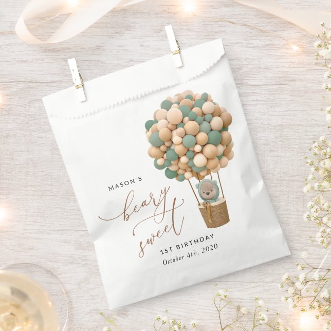 Sacolinha Urso Bonito, Balões Verdes, Primeiro Aniversário (Cortado)