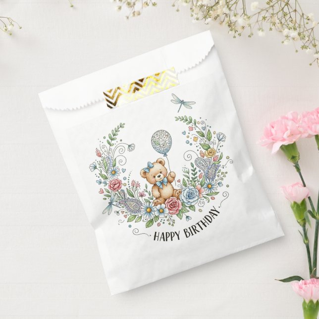 Sacolinha urso de aniversário floral boho (Selado)