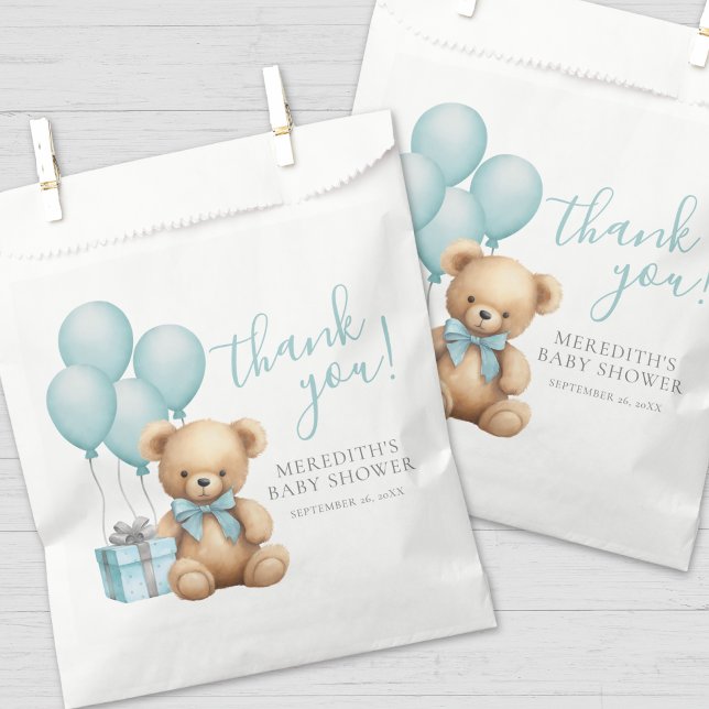 Sacolinha Urso de Pelúcia Balão Azul Chá de Bebê (Blue Balloon Teddy Bear Baby Shower Favor Bag)