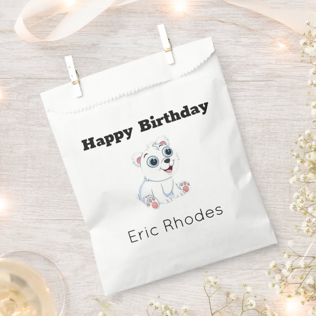 Sacolinha Urso polar branco fofo em aniversário cinza (Cortado)