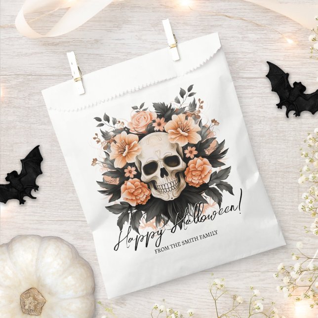 Sacolinha Vintage Personalizado - Halloween Floral Skull (Easily personalize these Halloween favor bags with just a few clicks.)