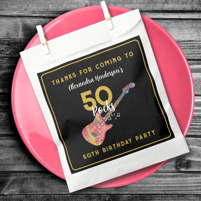 Sacolinha Violão Rosa Personalizado 50º Aniversário Obrigado (50 Rocks cool pink guitar black and gold custom 50th birthday party thank you favor bag)