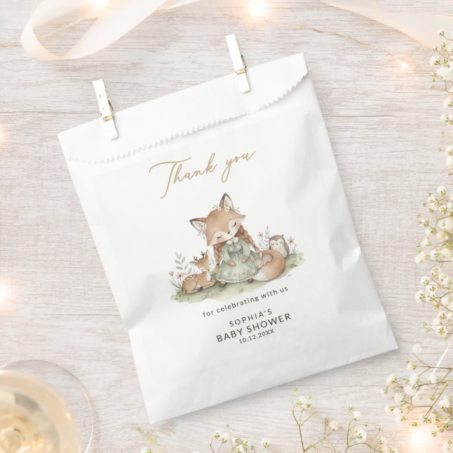 Sacolinha Woodland Fox Girl Baby Shower Favor Bag (Cortado)