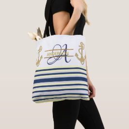Sacos de Tote de MONOGRAM Dourada Azul Anchor Náut