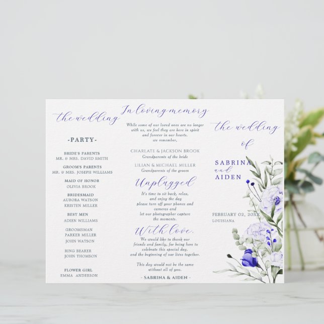 Sade Of Royal Blue Ivory Floral Wedment Program (Em pé/Frente)