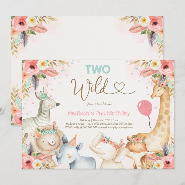 Safari 2 Wild Birthday Convite Boho 2 Wild (Frente/Verso)