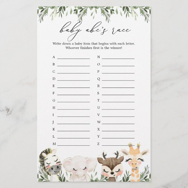 Safari Animal Chá de fraldas Jogo Race do ABC (Frente)