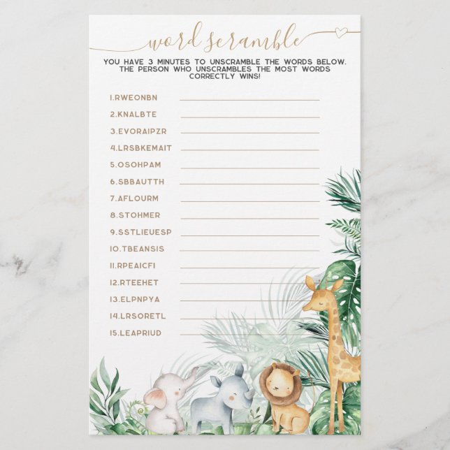 Safari Animal Greenery Bebê Jogo de Palavras (Frente)