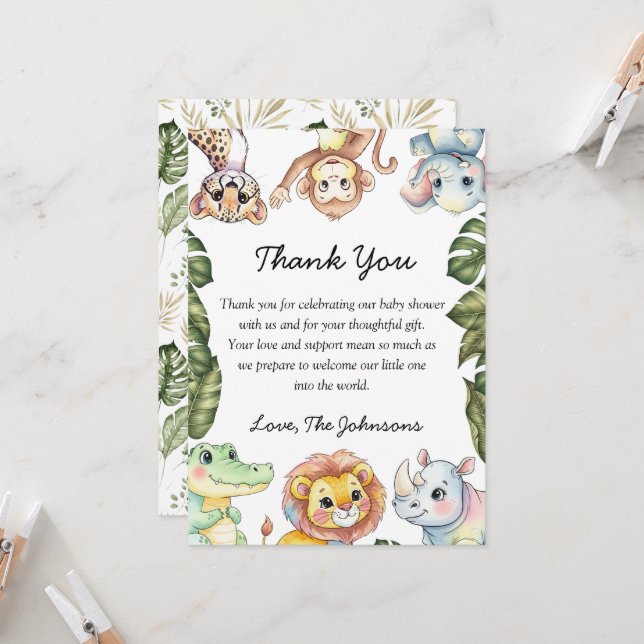 Safari Animals Baby Shower Thank You Card (Frente/Verso In Situ)