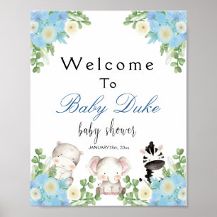safari animals Blue Boy Baby Shower Welcome Poster
