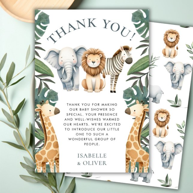 Safari Bebês e Cartões de agradecimentos Verde (Safari Baby Animals and Greenery Thank You Card)