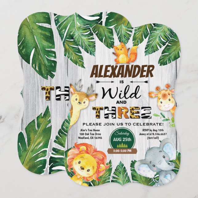 Safari de convite de aniversário de 3 anos livre e (Frente/Verso)