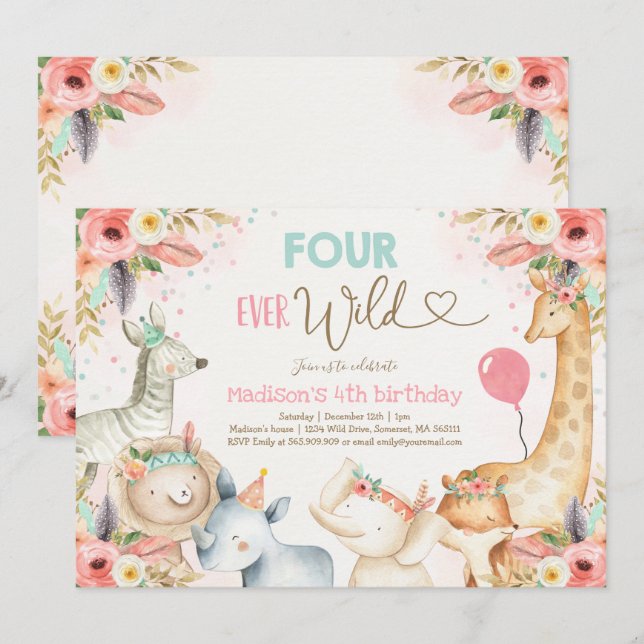 Safari Four Ever Wilthday Convite de Aniversário B (Frente/Verso)