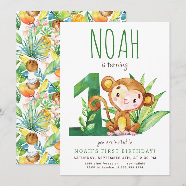 Safari Mackey Primeiro Convite de Aniversário (Frente/Verso)