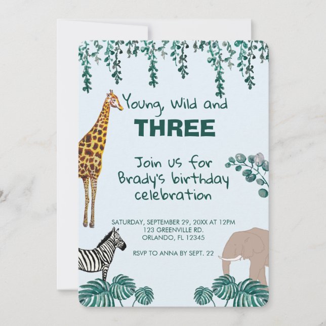 Safari Selgle Animal Terceiro Convite de Aniversár (Frente)