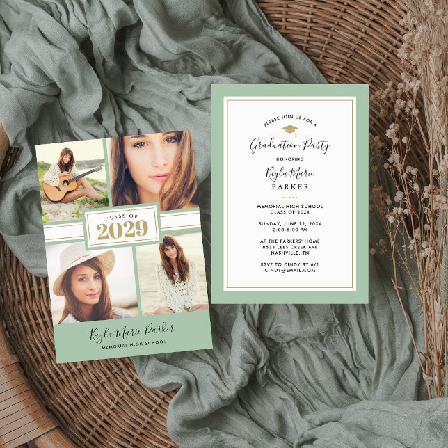 Sage e Dourado | 4 Convite Para Graduação De Fotog (Criador carregado)