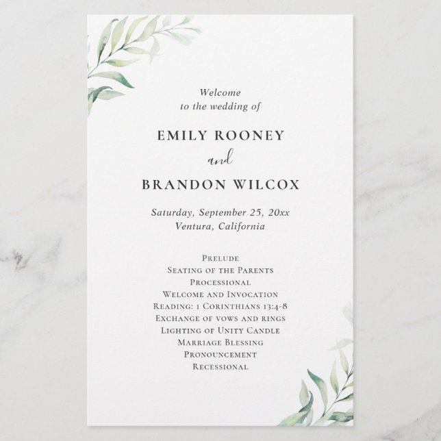 Sage Eucalyptus Elegant Wedding Program (Frente)