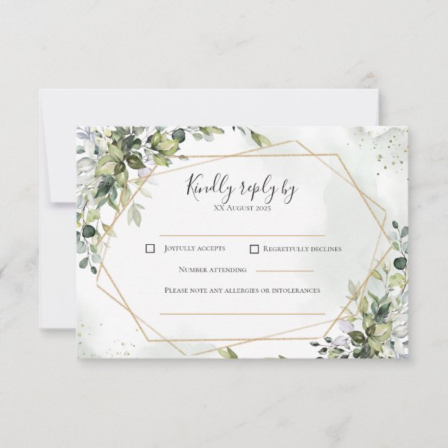 Sage gold eucalyptus geometric wedding RSVP card (Frente)