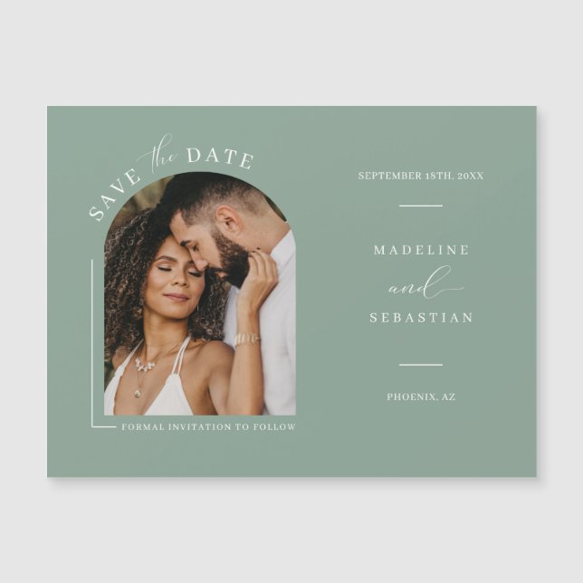 Sage Green Arch Photo Save the Date Magnetic Card  (Frente)