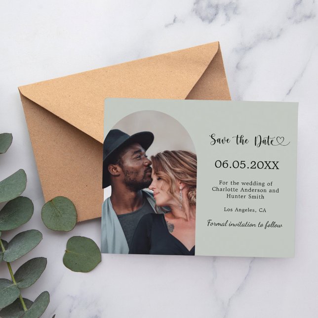 Sage green arch photo wedding Save the Date card (Criador carregado)