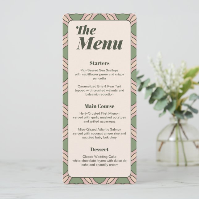 Sage Green Art Deco Wedding Menu Card (Em pé/Frente)