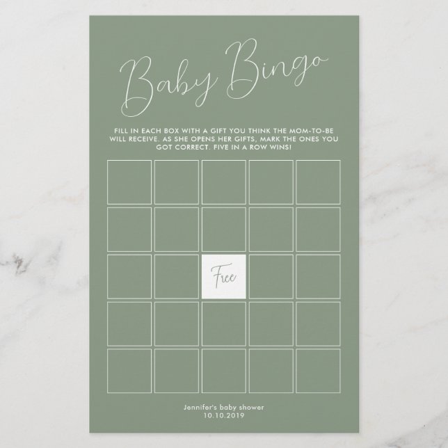 Sage Green Baby Shower Bingo Game (Frente)