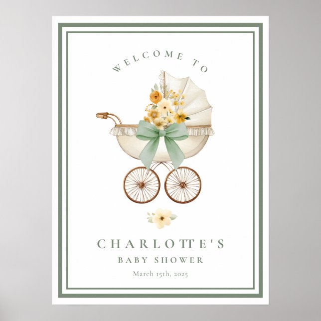 Sage Green Baby Shower Welcome Poster Vintage Pram (Frente)
