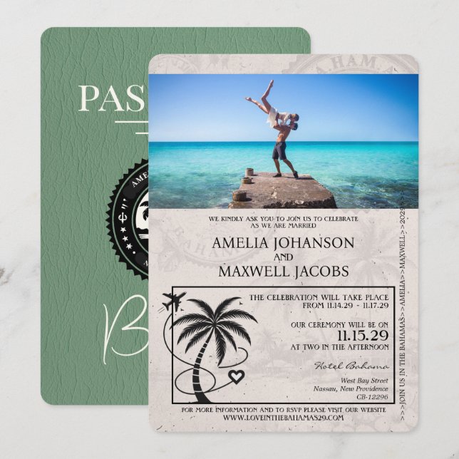 Sage Green Bahamas Passaporte Convite Para Casamen (Frente/Verso)