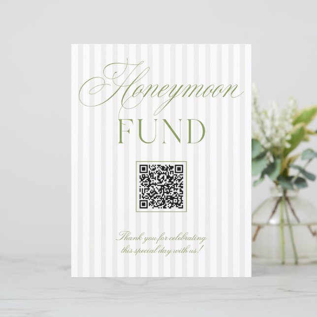 Sage Green & Beige Honeymoon Fund QR Code Sign (Em pé/Frente)