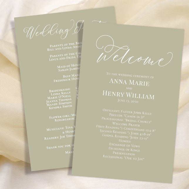 Sage Green - Boas-vindas à Caligrafia (Welcome wedding program with elegant sage green and calligraphy script. )