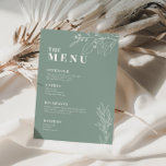 Sage Green Boho Wedding Menu com trabalho de arte<br><div class="desc">Este menu é caracterizado pelo estilo boho, trabalho de arte floral e cor verde-sábio, com uma mistura de diferentes estilos de fonte, muitas vezes em diferentes tamanhos, para criar um aspecto exclusivo e eclético que faz desses menus uma estética natural. Impresso em estoques de cartolina de alta qualidade, eles certamente...</div>