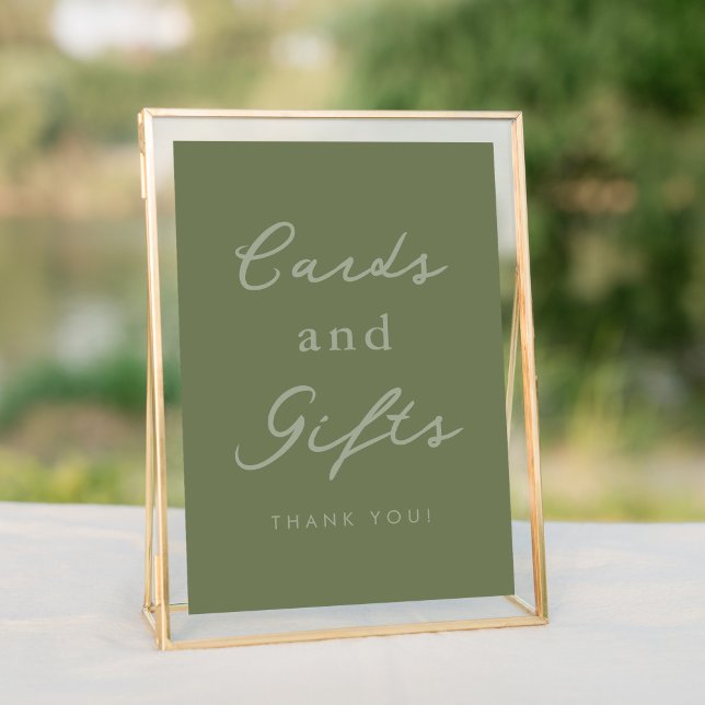 Sage Green Cards & Gifts Sinal de Mesa do Chá de p (Elegant cards and gifts sage green table top sign for bridal showers and weddings.)