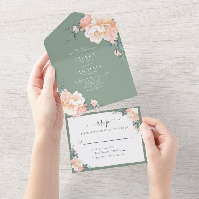 Sage Green Chic Blush Peach Floral Boho Casamento (Aba destacável)