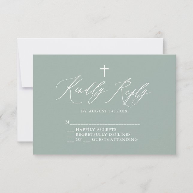 Sage Green Cross Boy Baptism RSVP Card (Frente)