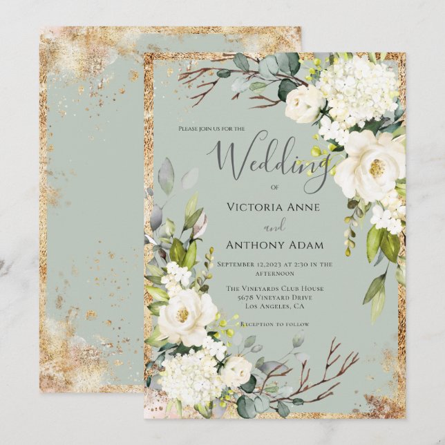 Sage Green Dourado Rustic Convite Floral ao Casame (Frente/Verso)