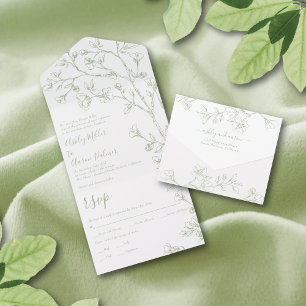 Sage green e white line art flores casamento