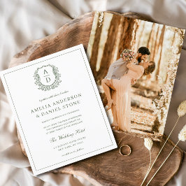 Sage Green Elegant Leafy Crest Monograma Casamento