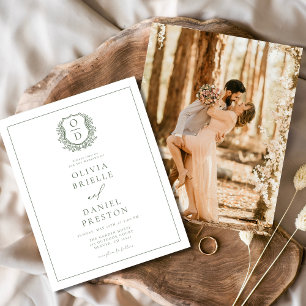 Sage Green Elegant Leafy Crest Monograma Casamento