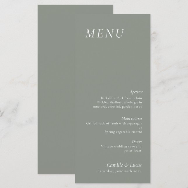 Sage Green elegant Wedding Menu (Frente/Verso)