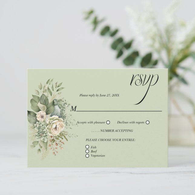 Sage Green Eucalyptus Botanical Floral RSVP | (Em pé/Frente)