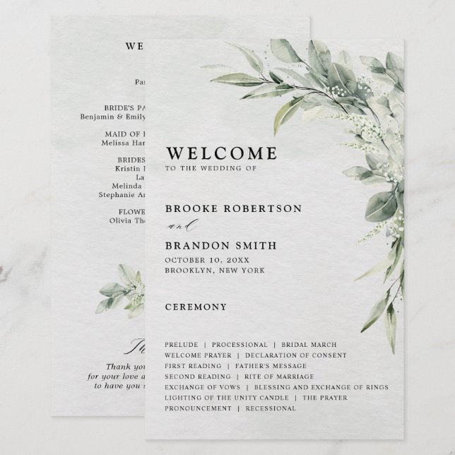 Sage Green Eucalyptus Botanical Weding Program (Frente/Verso)