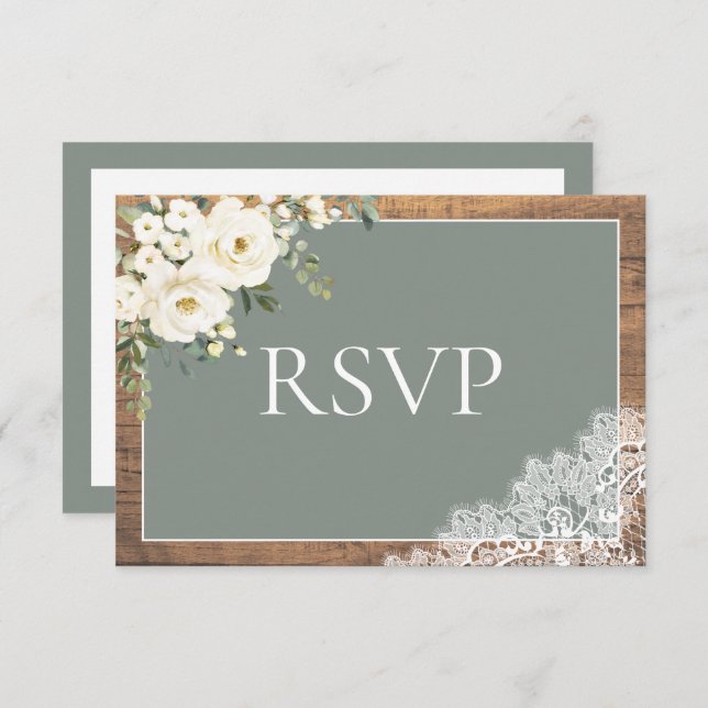 Sage Green Eucalyptus Lace Wood Wedding RSVP (Frente/Verso)