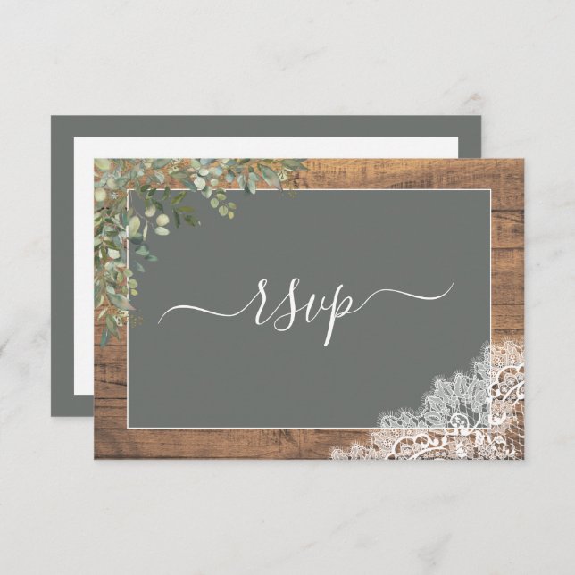 Sage Green Eucalyptus Script Lace Wood RSVP (Frente/Verso)