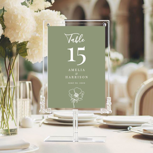 Sage Green Floral Núm. 5x7 (Sage Green Floral Wedding 5x7 Table Number with Line Art Flower, Couple Names, Wedding Date.)