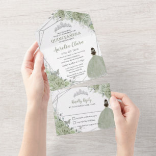 Sage Green Floral Princess 15 Silver Quinceanera