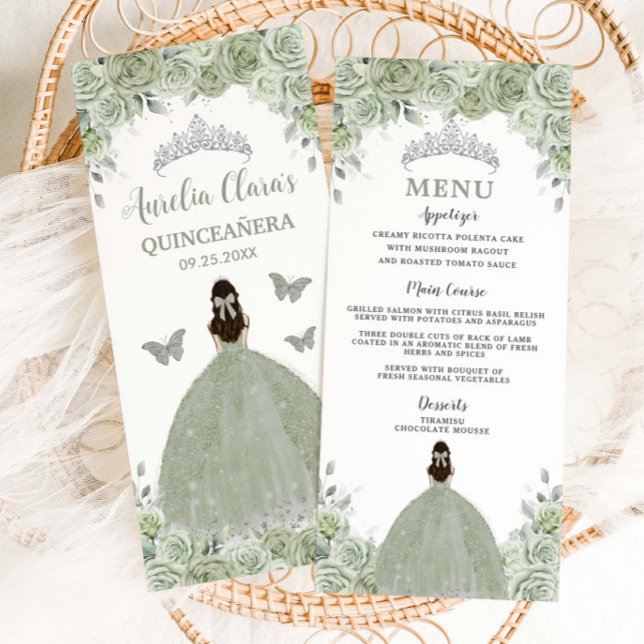 Sage Green Floral Silver Quinceañera 16 Menu Slim (Criador carregado)